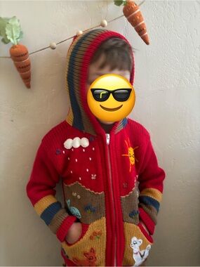 Andean Peru Ecuador Kids Red Hooded Zip Sweater with Multicolor Pockets